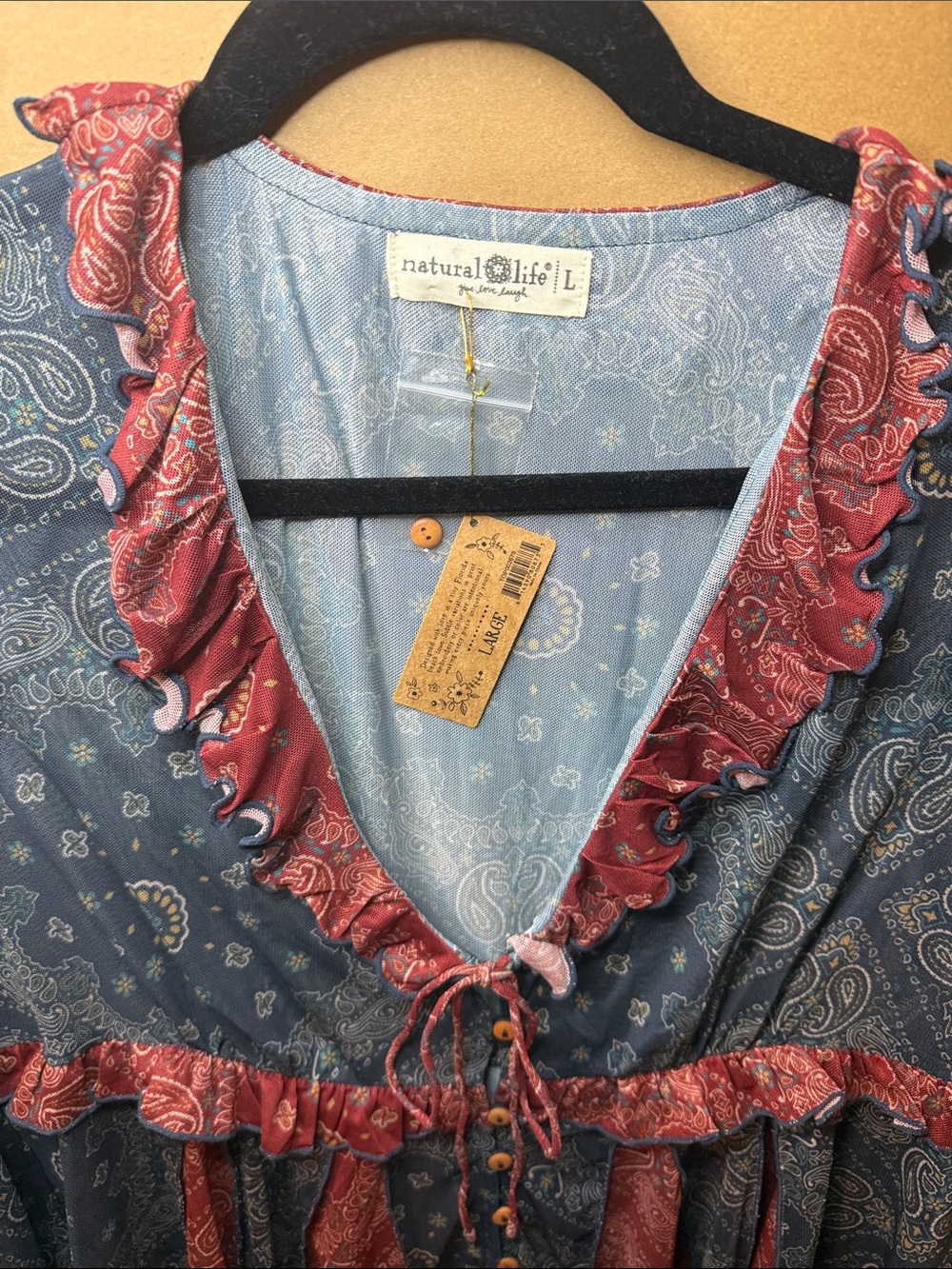 NATURAL LIFE Blue and Rust Paisley Ruffle V-Neck Tie-Front Blouse Mesh Flowy New - Picture 2 of 7